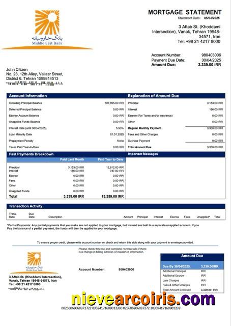 Iran Middle East Bank mortgage statement Word and PDF template